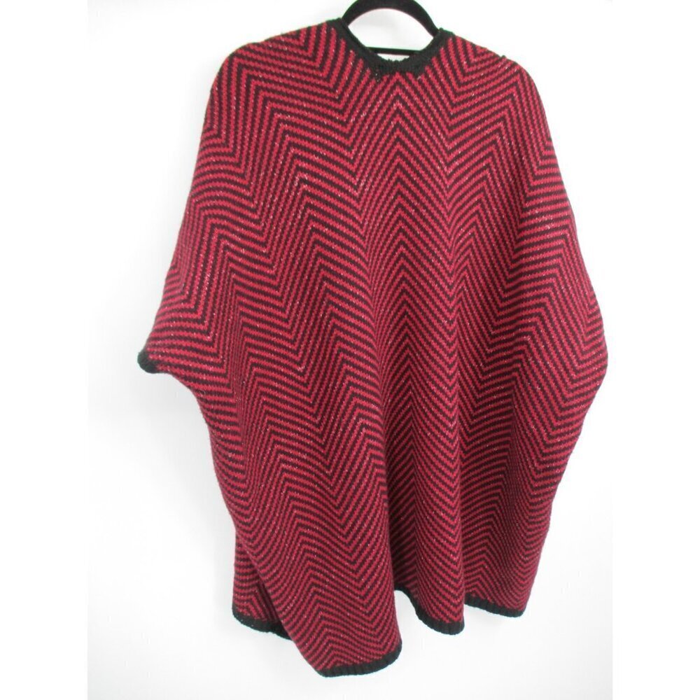 Ann Taylor Loft Poncho Sweater Womens OS Red Black Knit Short Sleeves Casual - Picture 15 of 16